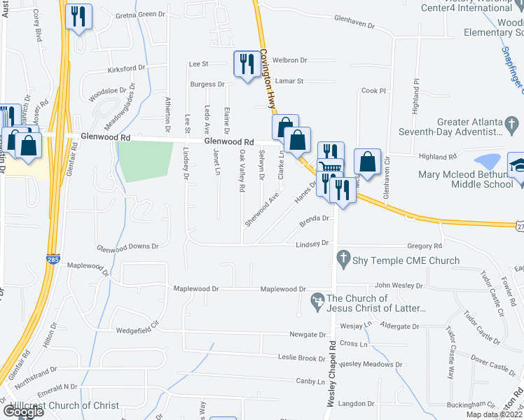 map of restaurants, bars, coffee shops, grocery stores, and more near Selwyn Drive in Decatur