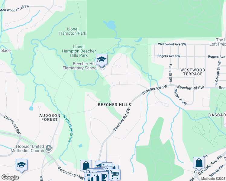 map of restaurants, bars, coffee shops, grocery stores, and more near 2242 Beecher Circle Southwest in Atlanta