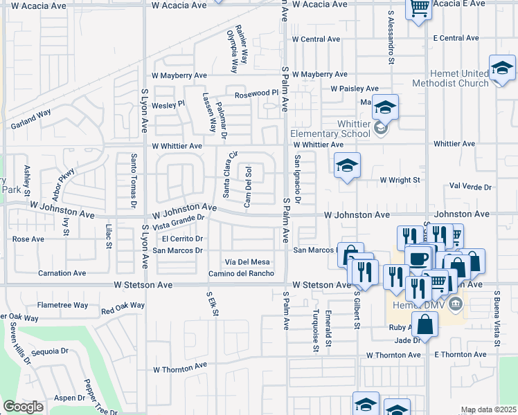 map of restaurants, bars, coffee shops, grocery stores, and more near 710 Santa Clara Circle in Hemet