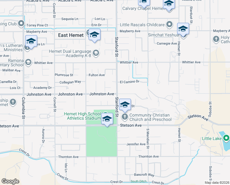map of restaurants, bars, coffee shops, grocery stores, and more near 26741 Stanford Street in Hemet