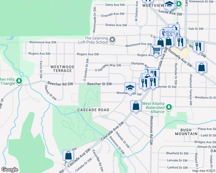 map of restaurants, bars, coffee shops, grocery stores, and more near 1714 Beecher Street Southwest in Atlanta