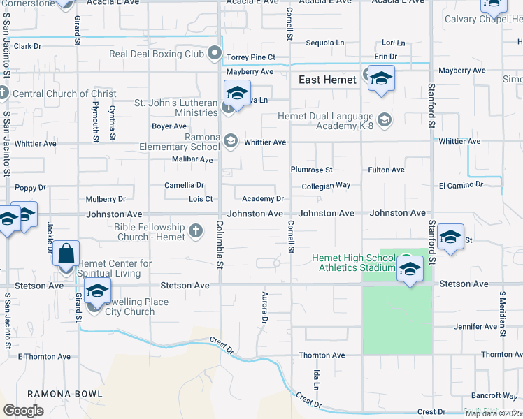 map of restaurants, bars, coffee shops, grocery stores, and more near 41144 Johnston Avenue in Hemet