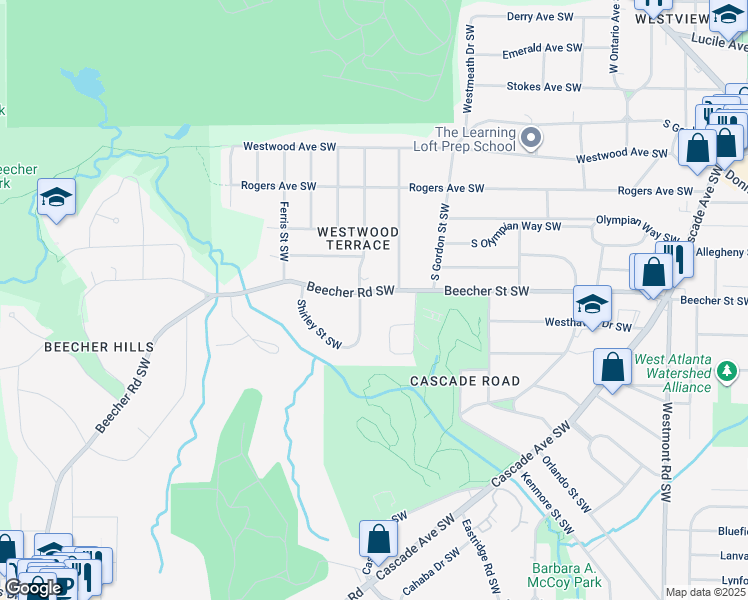 map of restaurants, bars, coffee shops, grocery stores, and more near 1900 Beecher Road Southwest in Atlanta