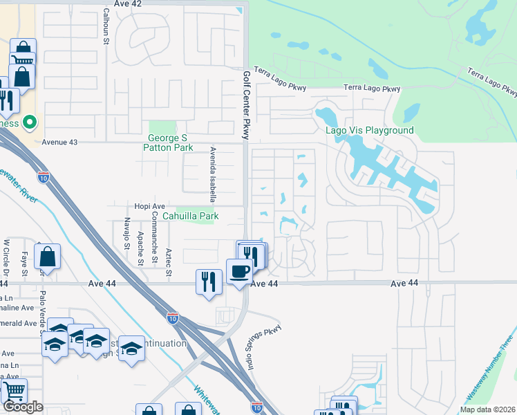 map of restaurants, bars, coffee shops, grocery stores, and more near 84136 Avenue 44 in Indio