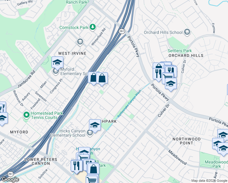 map of restaurants, bars, coffee shops, grocery stores, and more near 28 Modesto in Irvine