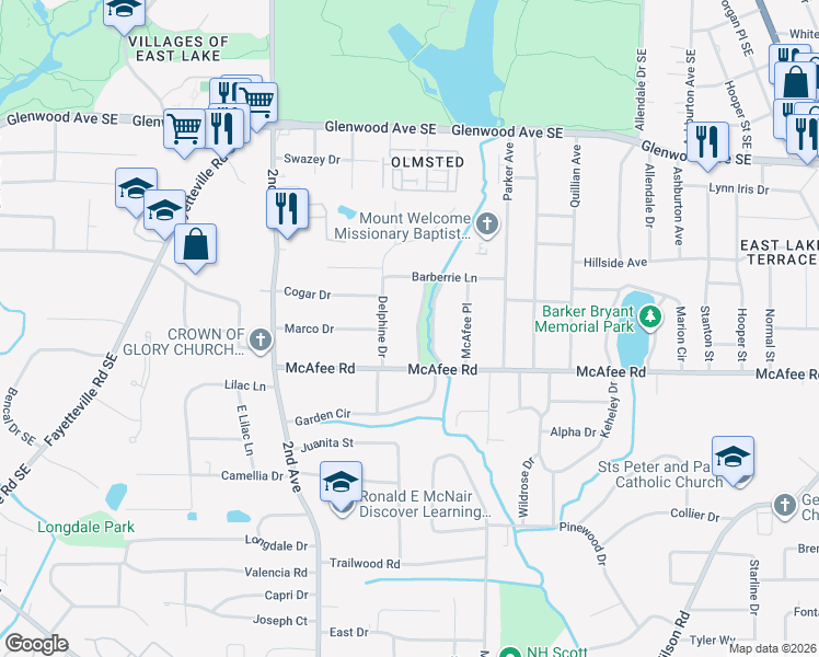 map of restaurants, bars, coffee shops, grocery stores, and more near 1979 West Starmount Way in Decatur