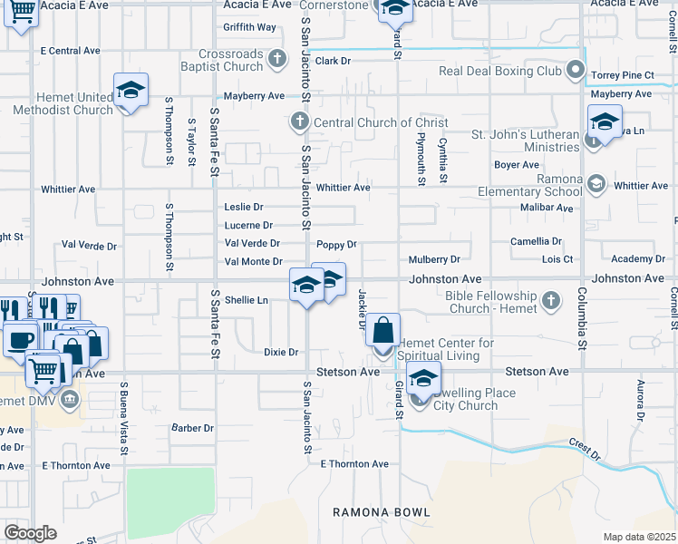 map of restaurants, bars, coffee shops, grocery stores, and more near 40324 Johnston Avenue in Hemet