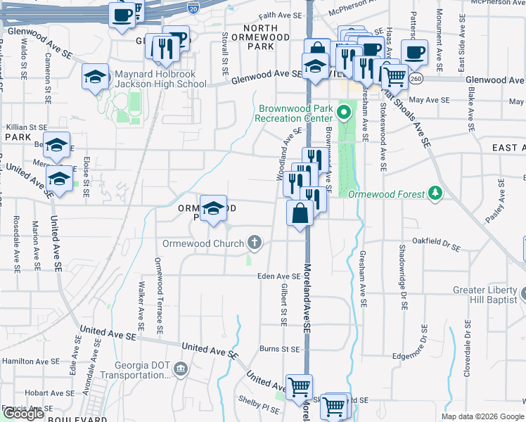 map of restaurants, bars, coffee shops, grocery stores, and more near 1075 Ormewood Avenue Southeast in Atlanta
