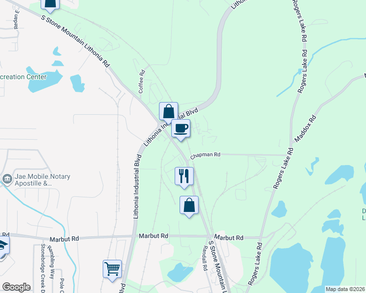 map of restaurants, bars, coffee shops, grocery stores, and more near 2490 South Stone Mountain Lithonia Road in Lithonia