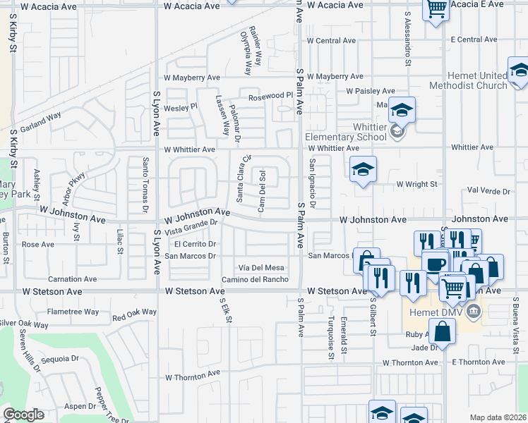 map of restaurants, bars, coffee shops, grocery stores, and more near 670 Santa Clara Circle in Hemet