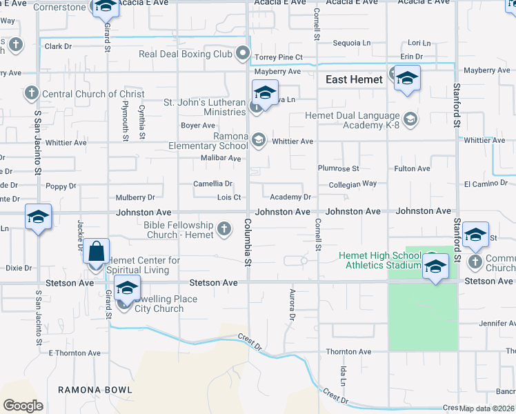 map of restaurants, bars, coffee shops, grocery stores, and more near 41024 Johnston Avenue in Hemet