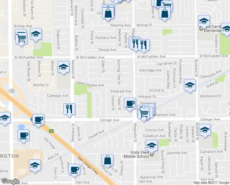 map of restaurants, bars, coffee shops, grocery stores, and more near 15802 Garnet Street in Westminster