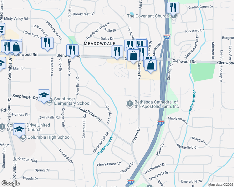 map of restaurants, bars, coffee shops, grocery stores, and more near 3810 Austin Park Lane in Decatur