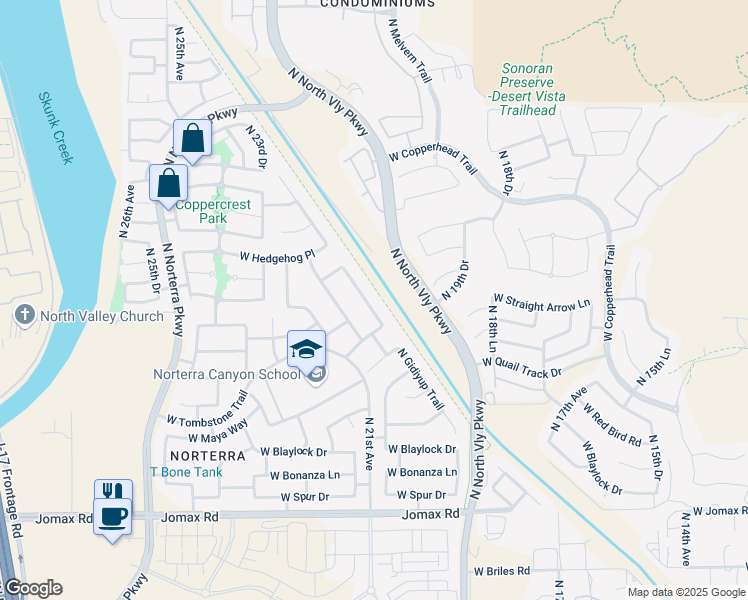 map of restaurants, bars, coffee shops, grocery stores, and more near 27411 North Gidiyup Trail in Phoenix