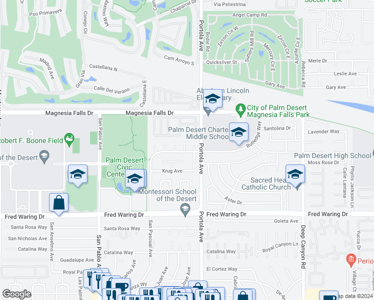 map of restaurants, bars, coffee shops, grocery stores, and more near 43401 Stony Hill Court in Palm Desert