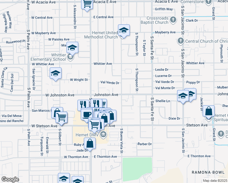 map of restaurants, bars, coffee shops, grocery stores, and more near 887 Douglas Court in Hemet