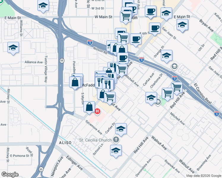 map of restaurants, bars, coffee shops, grocery stores, and more near 14430 Newport Avenue in Tustin