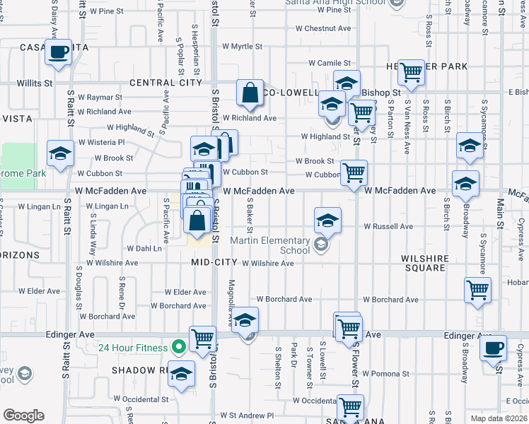 map of restaurants, bars, coffee shops, grocery stores, and more near 1126 South Rosewood Avenue in Santa Ana