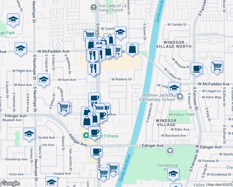 map of restaurants, bars, coffee shops, grocery stores, and more near 3618 West Crystal Lane in Santa Ana