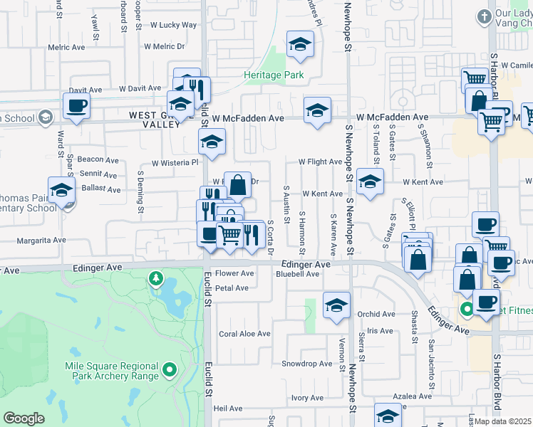 map of restaurants, bars, coffee shops, grocery stores, and more near 1029 South Corta Drive in Santa Ana