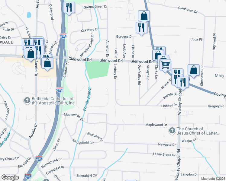 map of restaurants, bars, coffee shops, grocery stores, and more near 4027 Lindsey Drive in Decatur