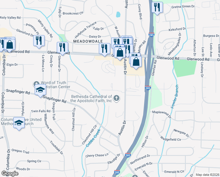 map of restaurants, bars, coffee shops, grocery stores, and more near 3810 Austin Park Lane in Decatur