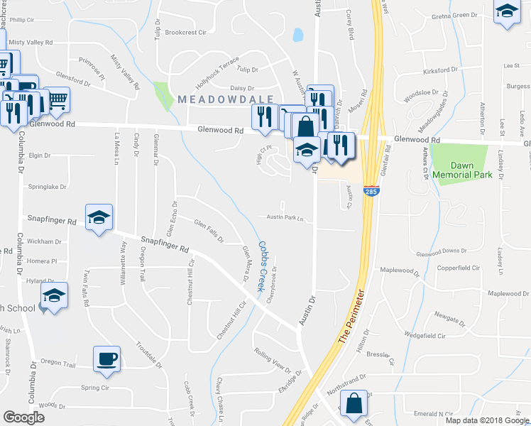 map of restaurants, bars, coffee shops, grocery stores, and more near 3810 Austin Park Lane in Decatur