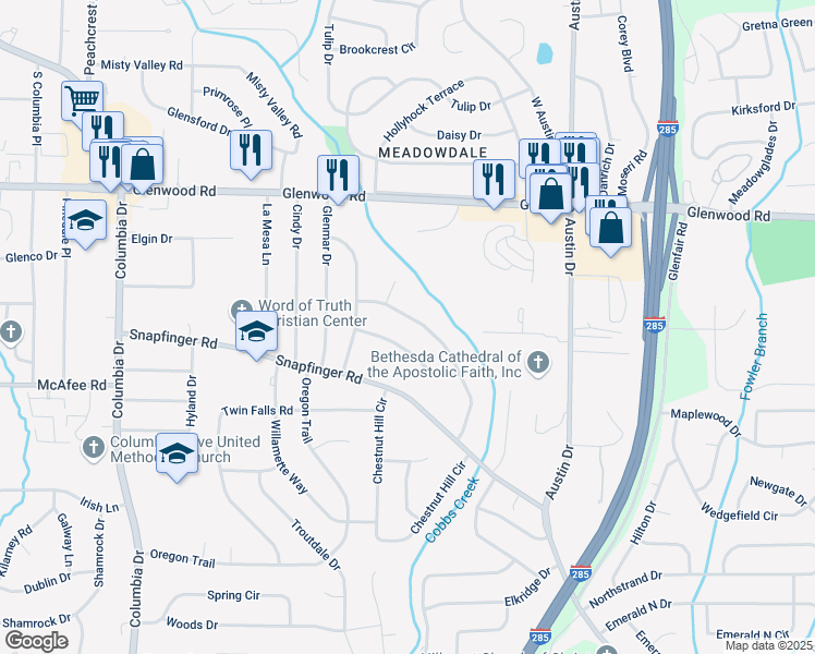 map of restaurants, bars, coffee shops, grocery stores, and more near 3647 Glen Mora Drive in Decatur