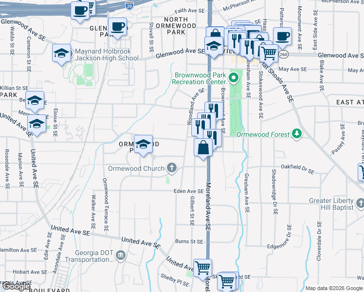 map of restaurants, bars, coffee shops, grocery stores, and more near 760 Woodland Avenue Southeast in Atlanta