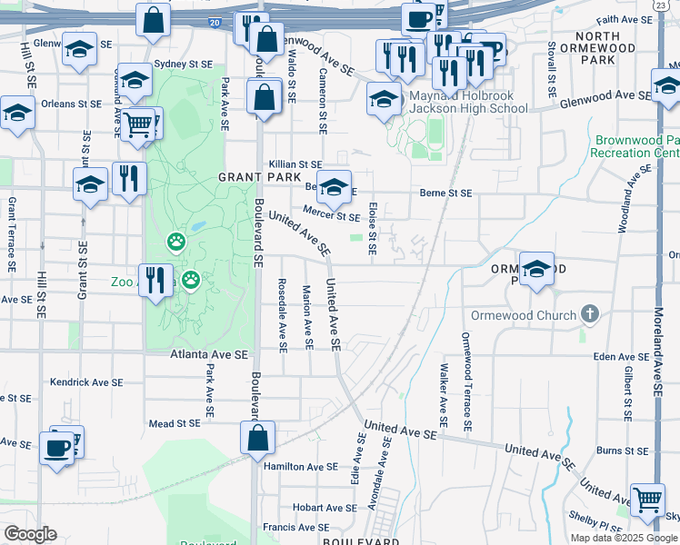 map of restaurants, bars, coffee shops, grocery stores, and more near in Atlanta
