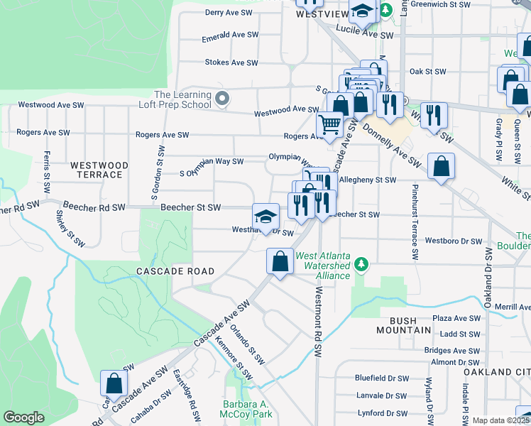map of restaurants, bars, coffee shops, grocery stores, and more near 1630 Beecher Street Southwest in Atlanta
