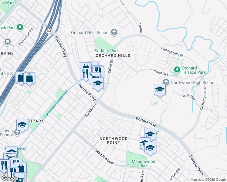 map of restaurants, bars, coffee shops, grocery stores, and more near 51 Winter Range in Irvine