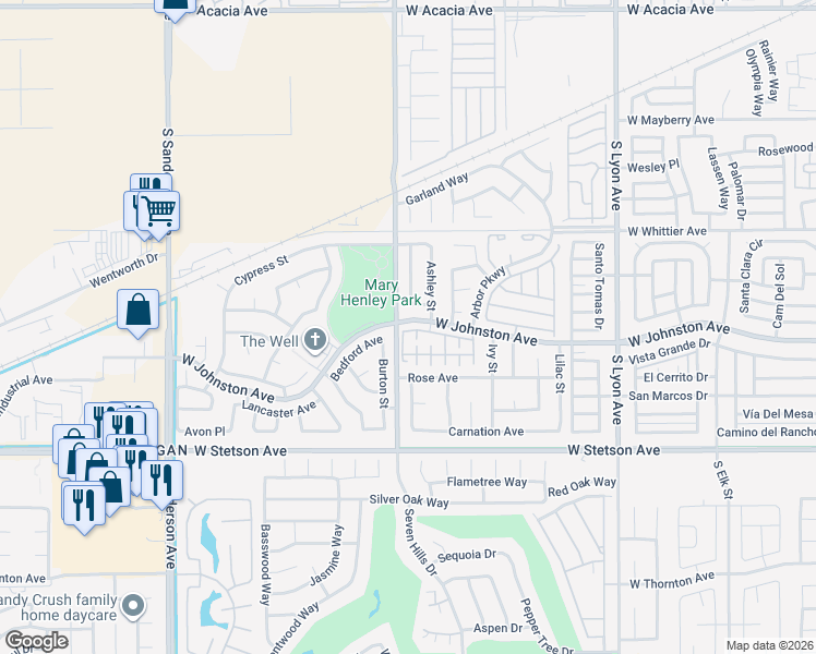 map of restaurants, bars, coffee shops, grocery stores, and more near 2490 Daybreak Street in Hemet
