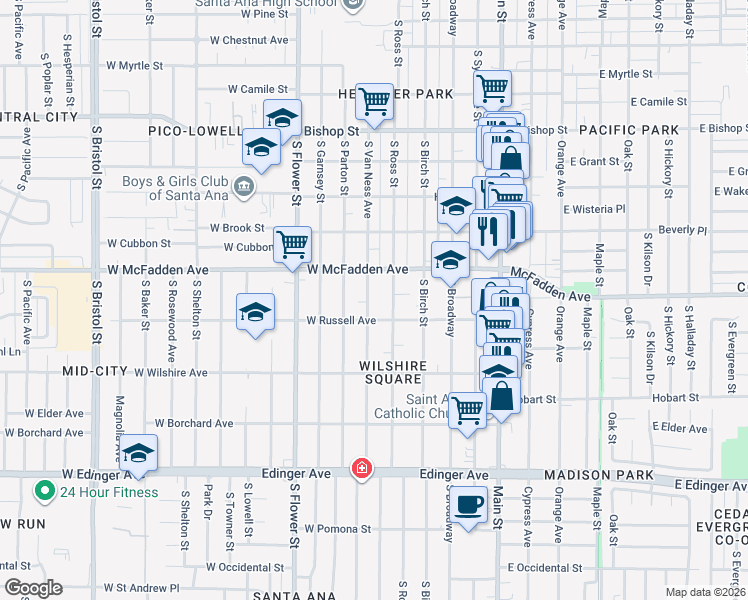 map of restaurants, bars, coffee shops, grocery stores, and more near 1129 South Van Ness Avenue in Santa Ana
