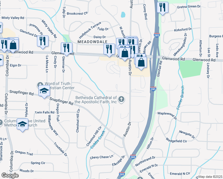 map of restaurants, bars, coffee shops, grocery stores, and more near 3810 Austin Park Lane in Decatur