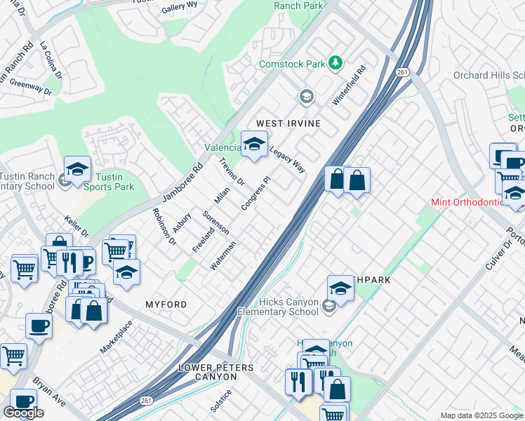 map of restaurants, bars, coffee shops, grocery stores, and more near 57 Avondale in Irvine