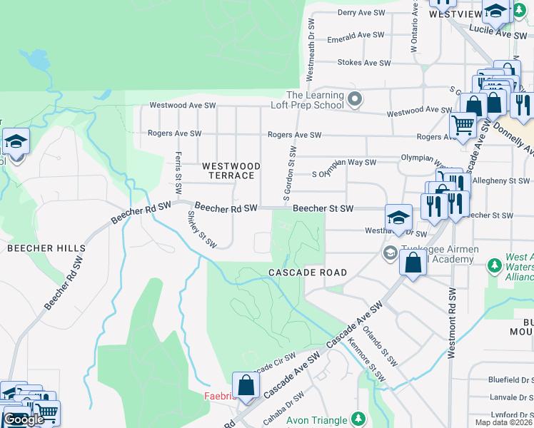 map of restaurants, bars, coffee shops, grocery stores, and more near 1856 Beecher Road Southwest in Atlanta
