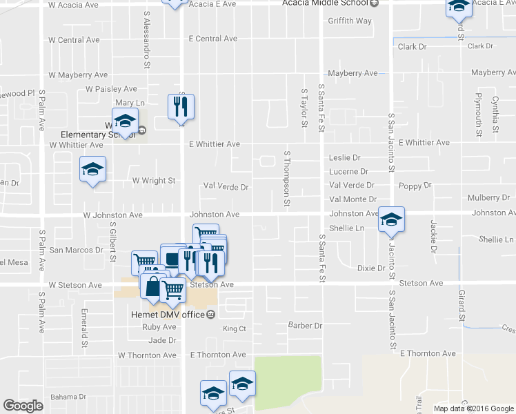 map of restaurants, bars, coffee shops, grocery stores, and more near 880 South Buena Vista Street in Hemet