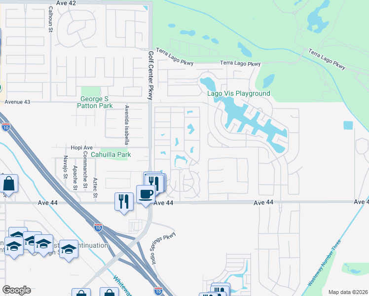 map of restaurants, bars, coffee shops, grocery stores, and more near Avenue 44 in Indio