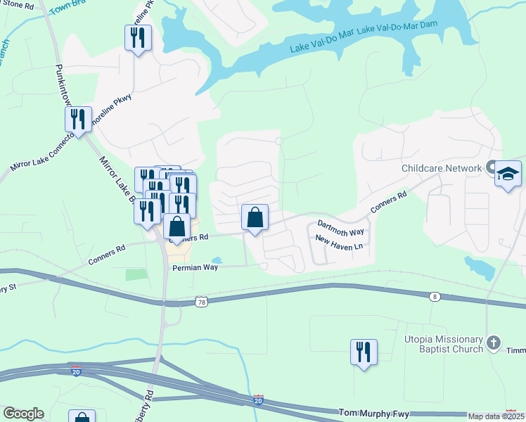 map of restaurants, bars, coffee shops, grocery stores, and more near 2761 Nautical Way in Villa Rica