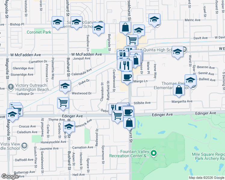 map of restaurants, bars, coffee shops, grocery stores, and more near 15791 Candlewood Street in Westminster