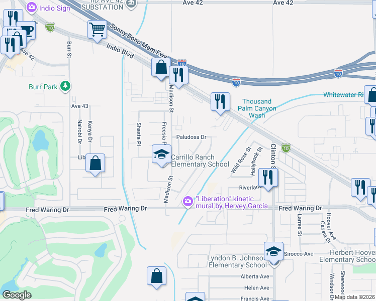 map of restaurants, bars, coffee shops, grocery stores, and more near 8135 Avenga Court in Indio