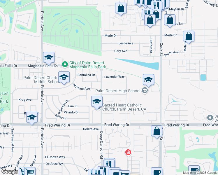 map of restaurants, bars, coffee shops, grocery stores, and more near 74540 Daylily Circle in Palm Desert