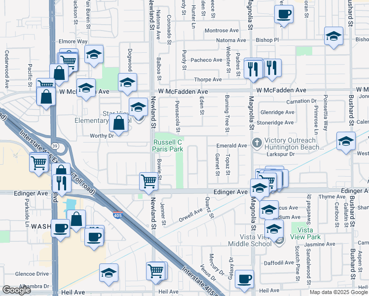 map of restaurants, bars, coffee shops, grocery stores, and more near 15791 Maybrook Street in Westminster