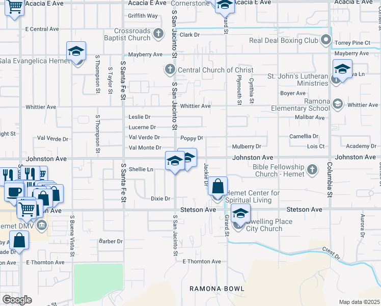 map of restaurants, bars, coffee shops, grocery stores, and more near 40320 Johnston Avenue in Hemet