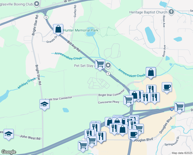 map of restaurants, bars, coffee shops, grocery stores, and more near Rocky Ridge Boulevard in Douglasville