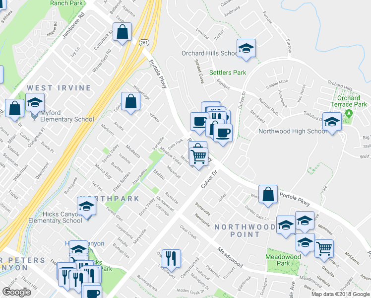 map of restaurants, bars, coffee shops, grocery stores, and more near 7 Poway in Irvine