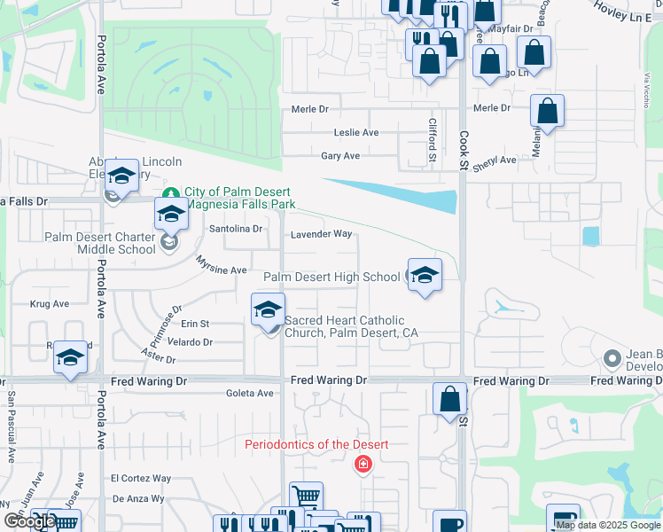 map of restaurants, bars, coffee shops, grocery stores, and more near 74580 Waterlily Circle in Palm Desert