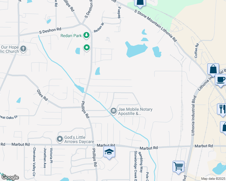 map of restaurants, bars, coffee shops, grocery stores, and more near 6613 Eastbriar Drive in Lithonia