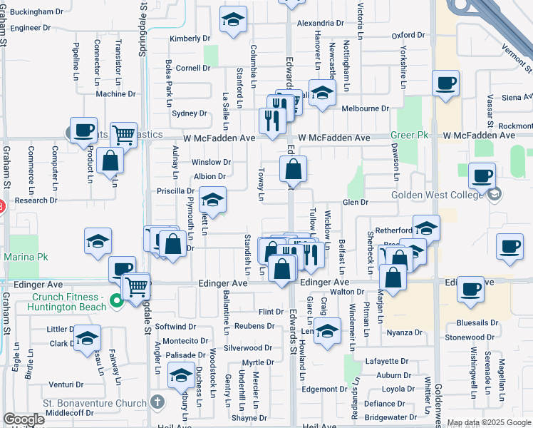 map of restaurants, bars, coffee shops, grocery stores, and more near 6391 Sligo Circle in Huntington Beach
